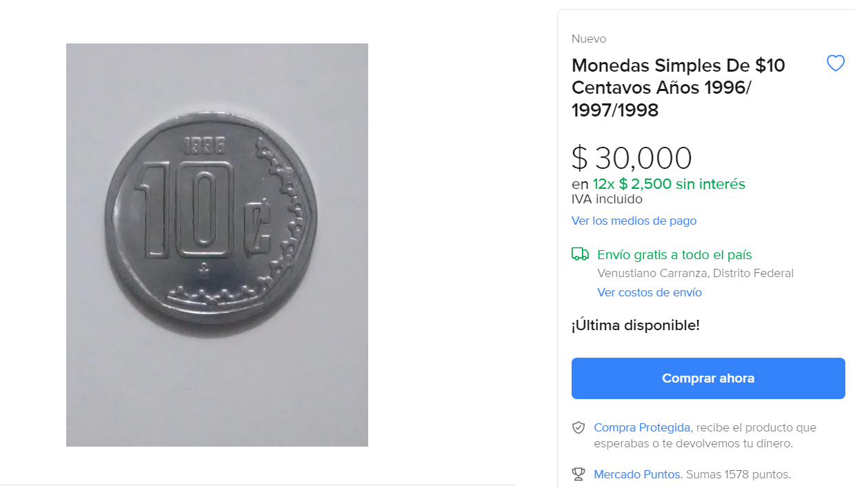 Moneda 10 centavos. (Foto: Mercado Libre)