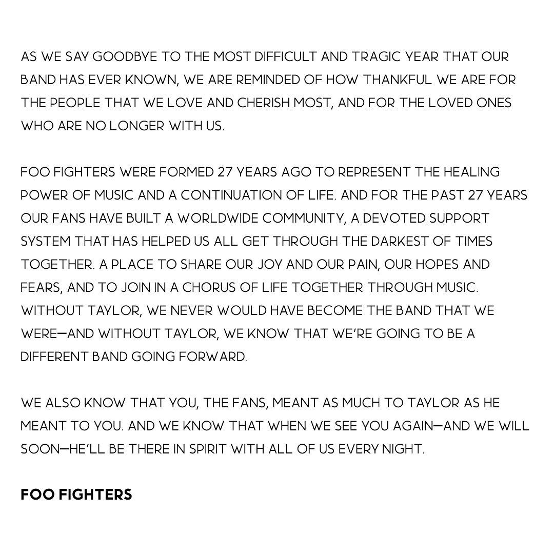 En diciembre de 2023, Foo Fighters anunciaba que continuarían a pesar de la ausencia de Taylor Hawkins como "una banda completamente diferente". Foto: @foofighters