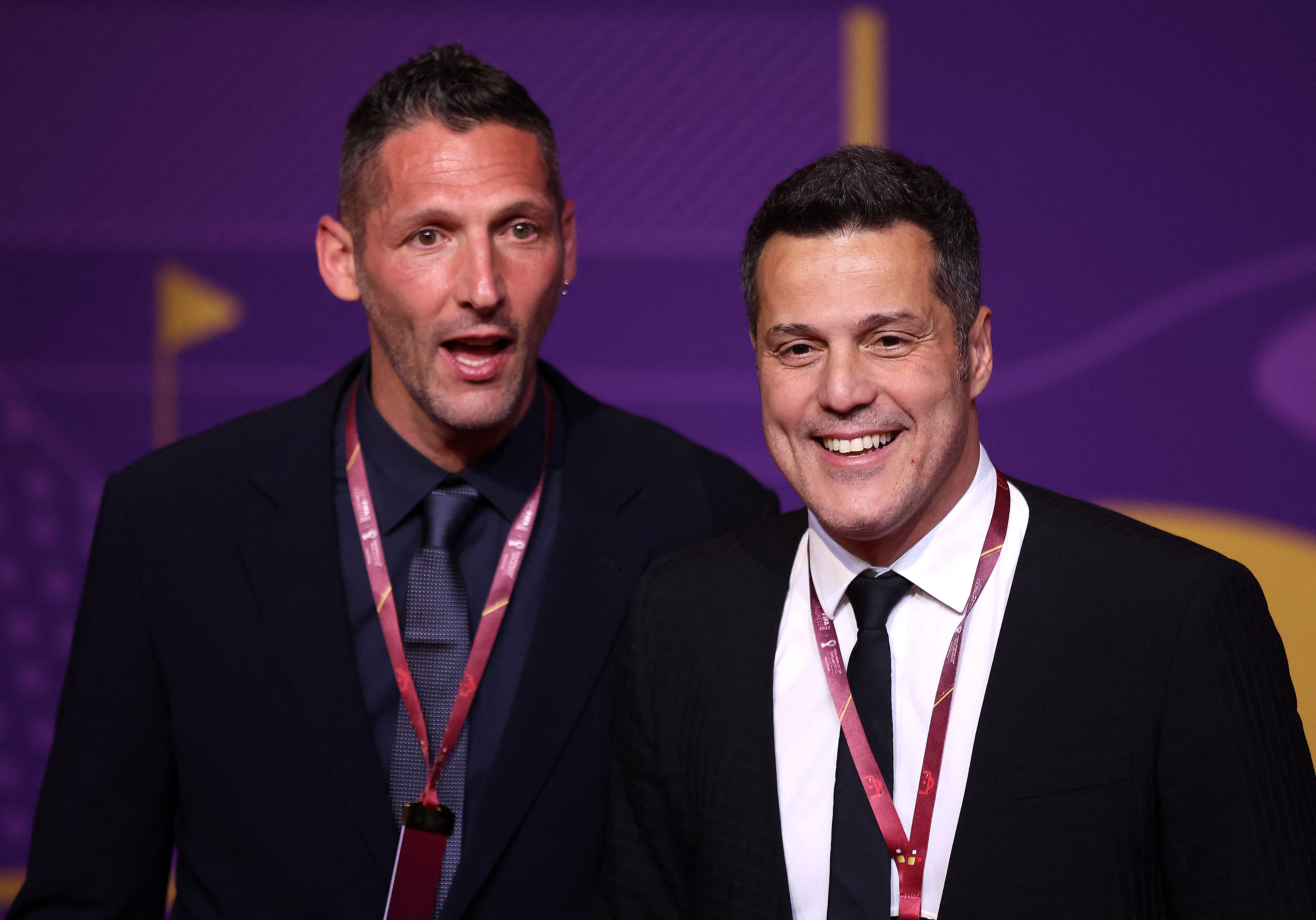 Soccer Football - World Cup - Final Draw - Doha Exhibition & Convention Center, Doha, Qatar - April 1, 2022 Former player Julio Cesar and Marco Materazzi arrive ahead of the draw REUTERS/Carl Recine