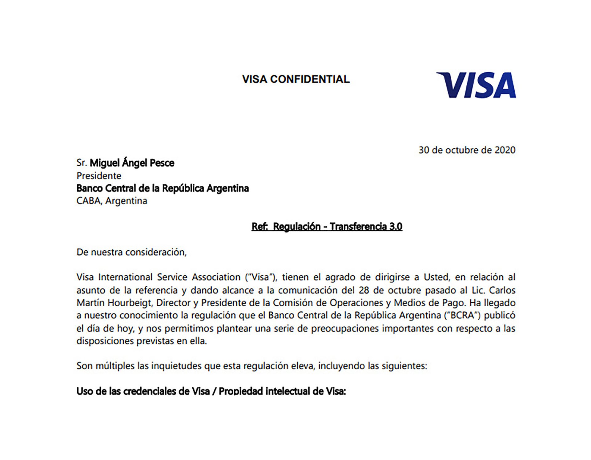 La carta que Visa International envió al BCRA en noviembre de 2020, tras el lanzamiento de "Transferencias 3.0"