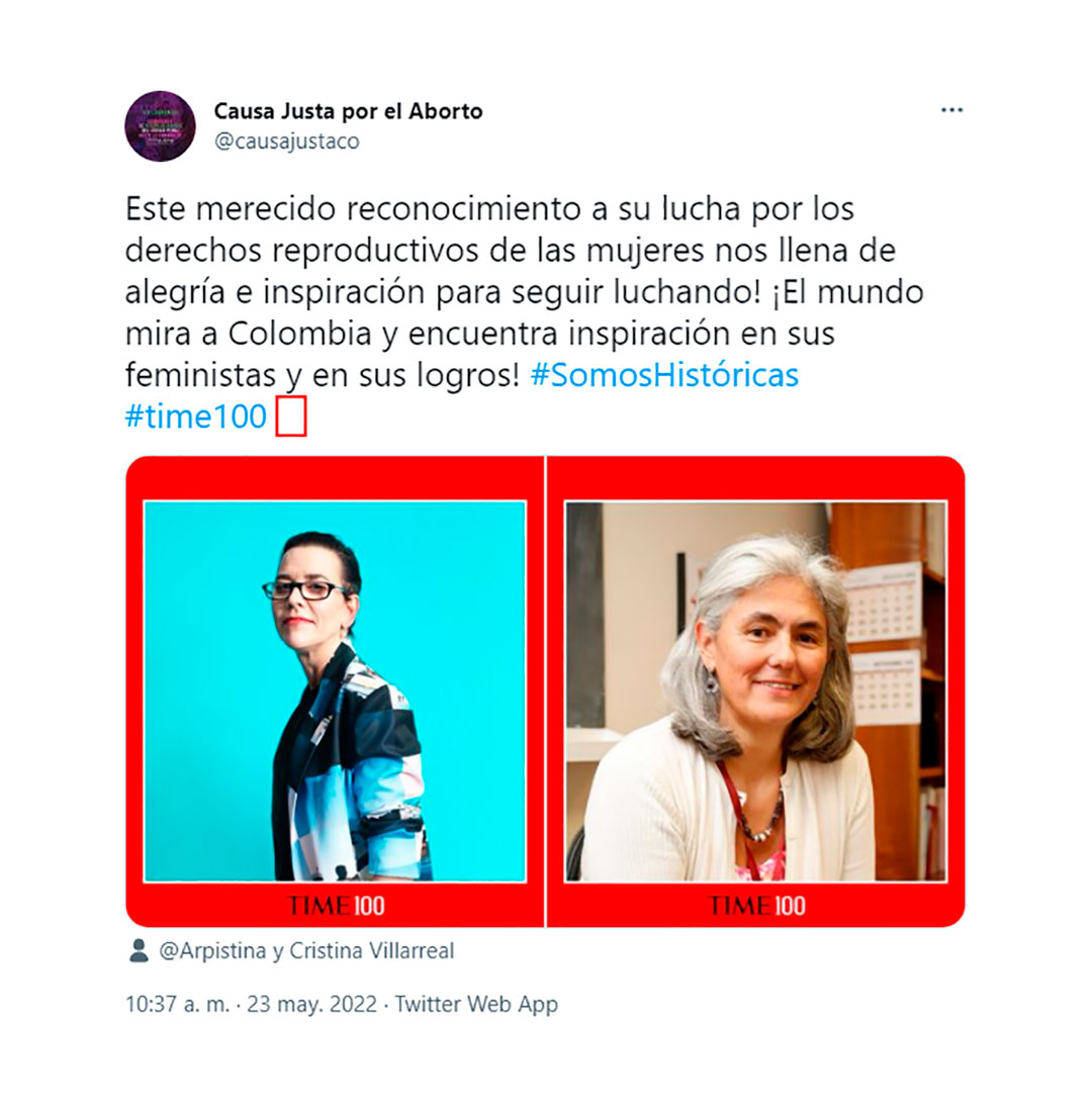Dos de las fundadoras de Causa Justa, en Colombia, fueron reconocidas entre las 100 personas más importantes de la actualidad para la revista "Time".