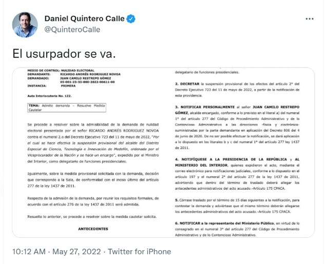 El suspendido alcalde de Medellín se refirió a la decisión del Tribunal. Foto: Twitter @QuinteroCalle