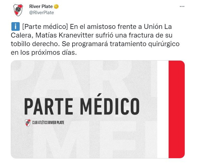 El parte médico de River Plate sober la lesión de Matías Kranevitter