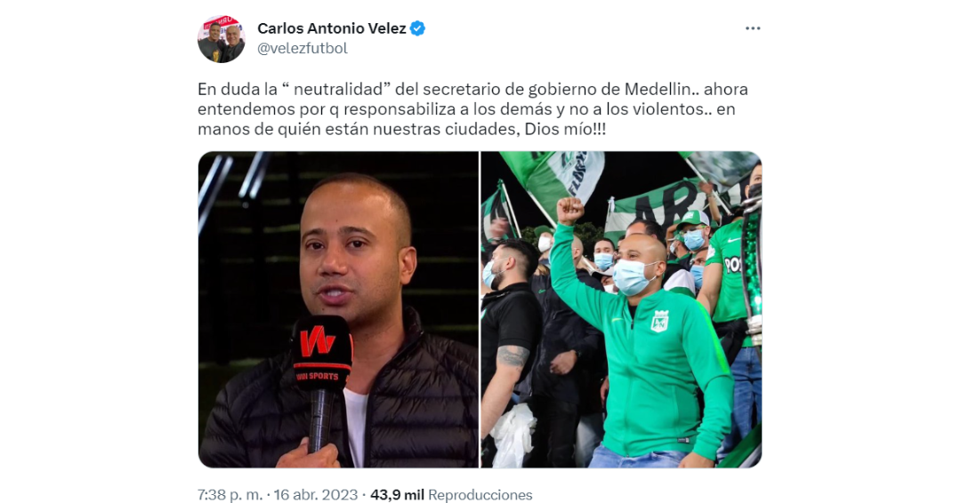 El periodista cuestionó la actitud del Secretario de Gobierno de Medellín tras los desmanes presentados. Créditos: @velezfutbol/Twitter