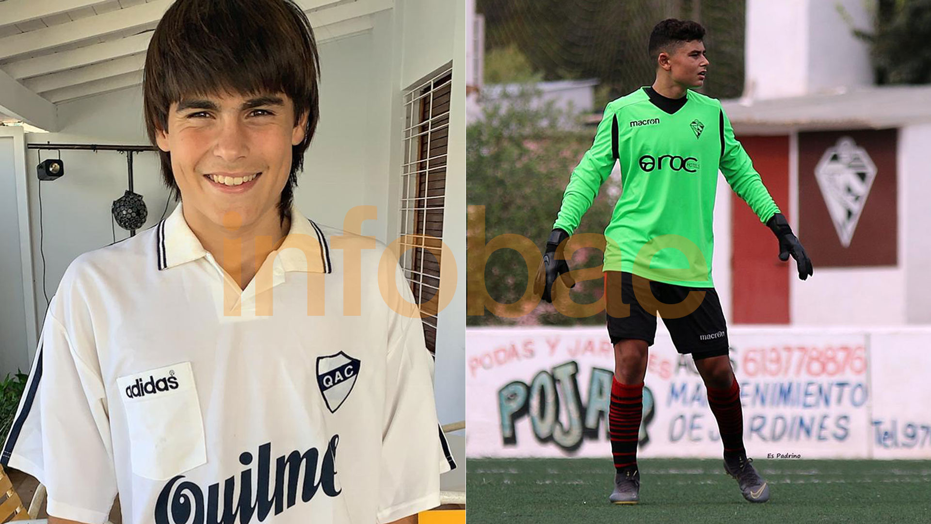 Luka Romero con una de las camisetas de Quilmes que usó su papá como jugador y su hermano Tobías atajando en las inferiores del Penya Arrabal