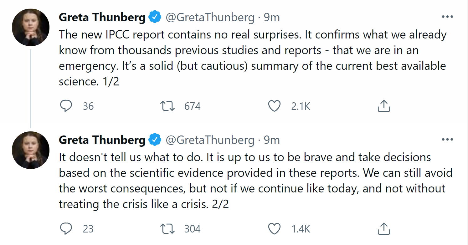 En esta captura de pantalla tomada el 9 de agosto de 2021 se ve un tweet de la activista climática Greta Thunberg refiriéndose al último informe del IPCC. TWITTER / @ GretaThunberg vía REUTERS 