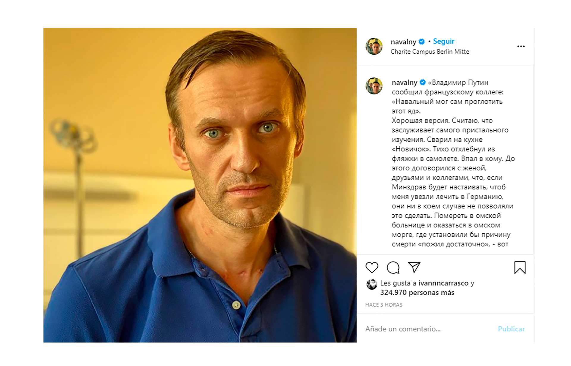 El posteo del opositor ruso, Alexei Navalny, en el que responde al presidente Vladimir Putin