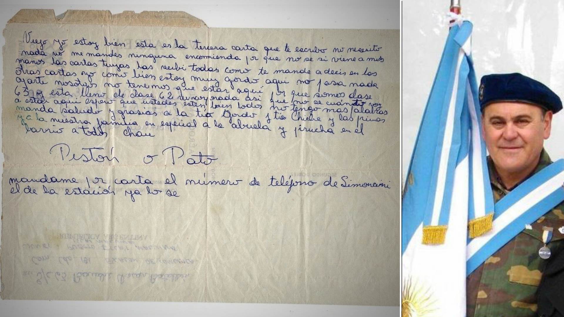 Oscar Bauchi en un acto por Malvinas y la carta que envió desde las islas hace casi 41 años. Ahora la halló en un sitio de subastas