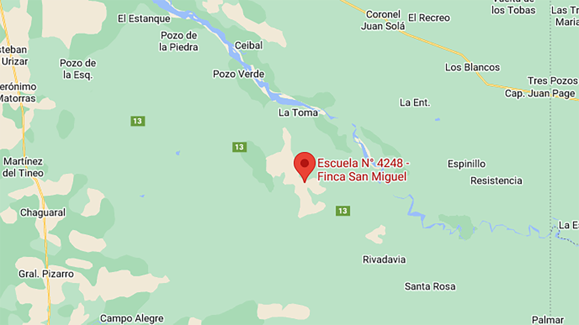El punto rojo indica la ubicación de Escuela Rural N° 4248, ubicada a metros de la Ruta Provincial N° 13, en la localidad de San Miguel en Rivadavia Banda Sur, al este de Salta