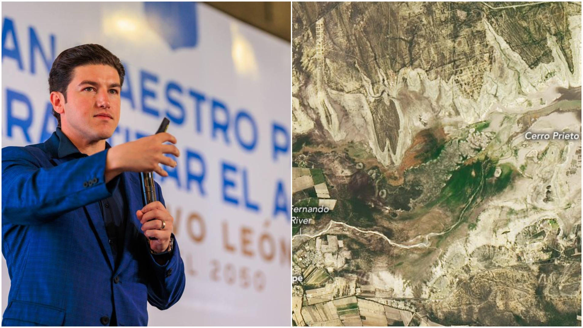 Samuel García culpa a gobiernos anteriores por la escasez de agua (Fotos: Gobierno de Nuevo León y Twitter NASAEarth)
