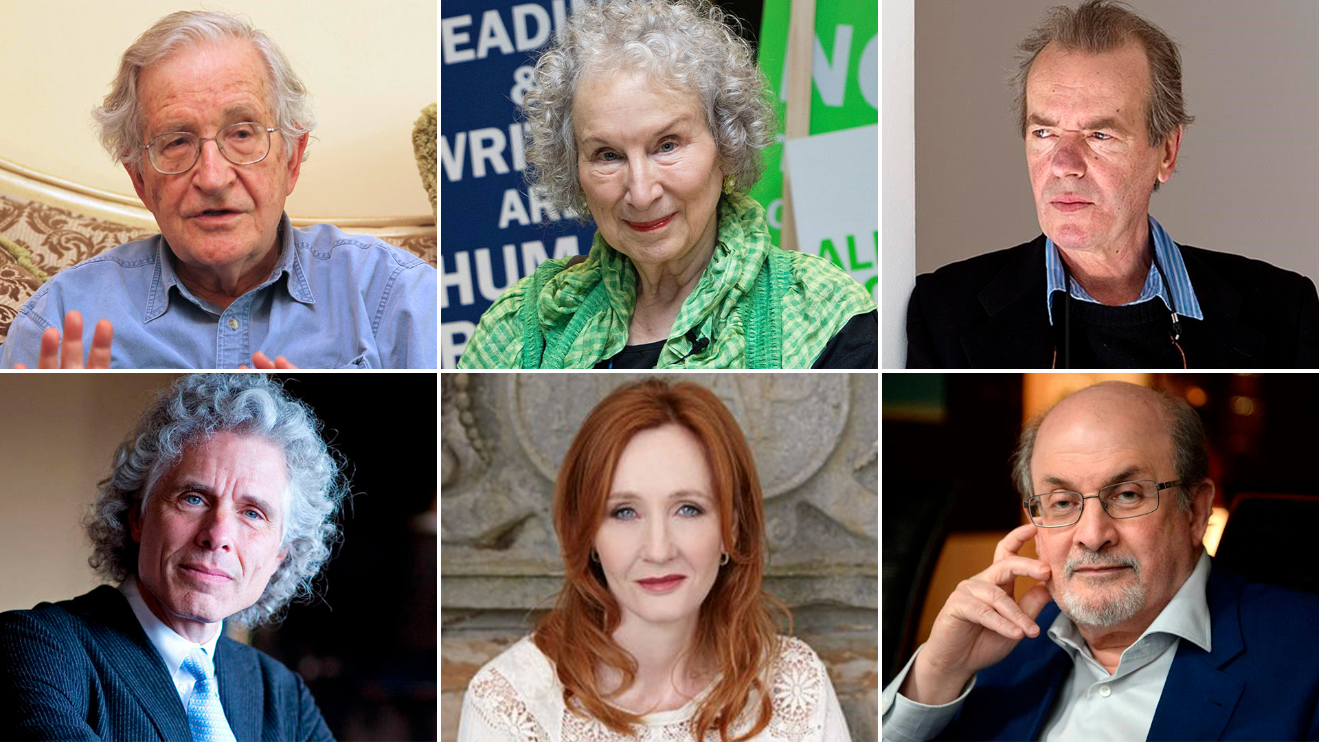 Arriba: Noam Chomsky , Margaret Atwood y Martin Amis; abajo: Steven Pinker, J.K. Rowling y Salman Rushdie, algunos de los firmantes de la carta de Harper's 