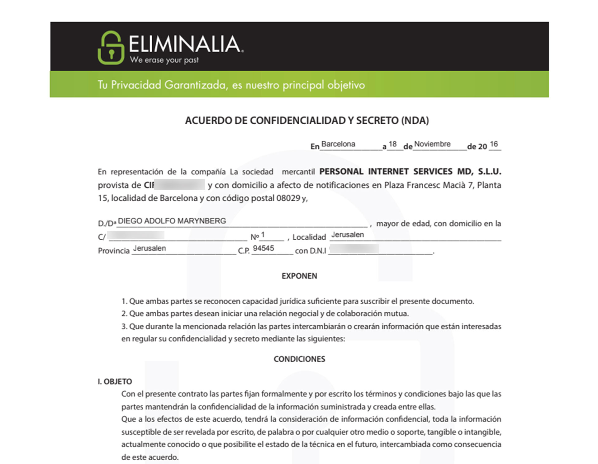 Uno de los contratos firmados por Diego Marynberg con Eliminalia en 2016, al que tuvo acceso Infobae