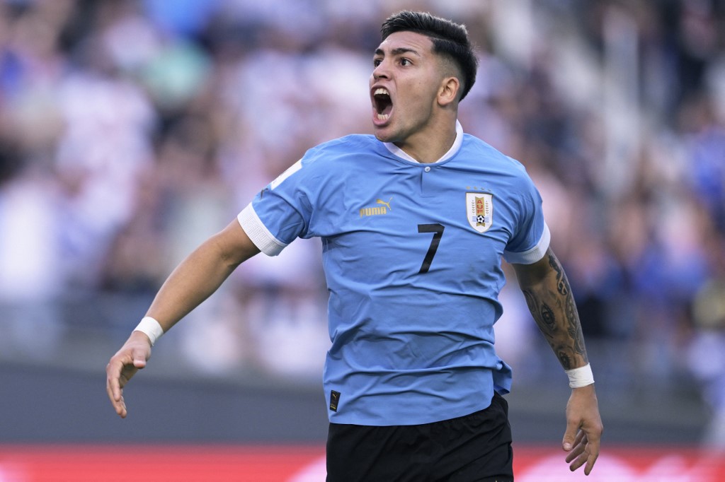 Anderson Duarte celebra el gol que le dio la clasificación a la final a Uruguay frente a Israel en La Plata (JUAN MABROMATA / AFP)
