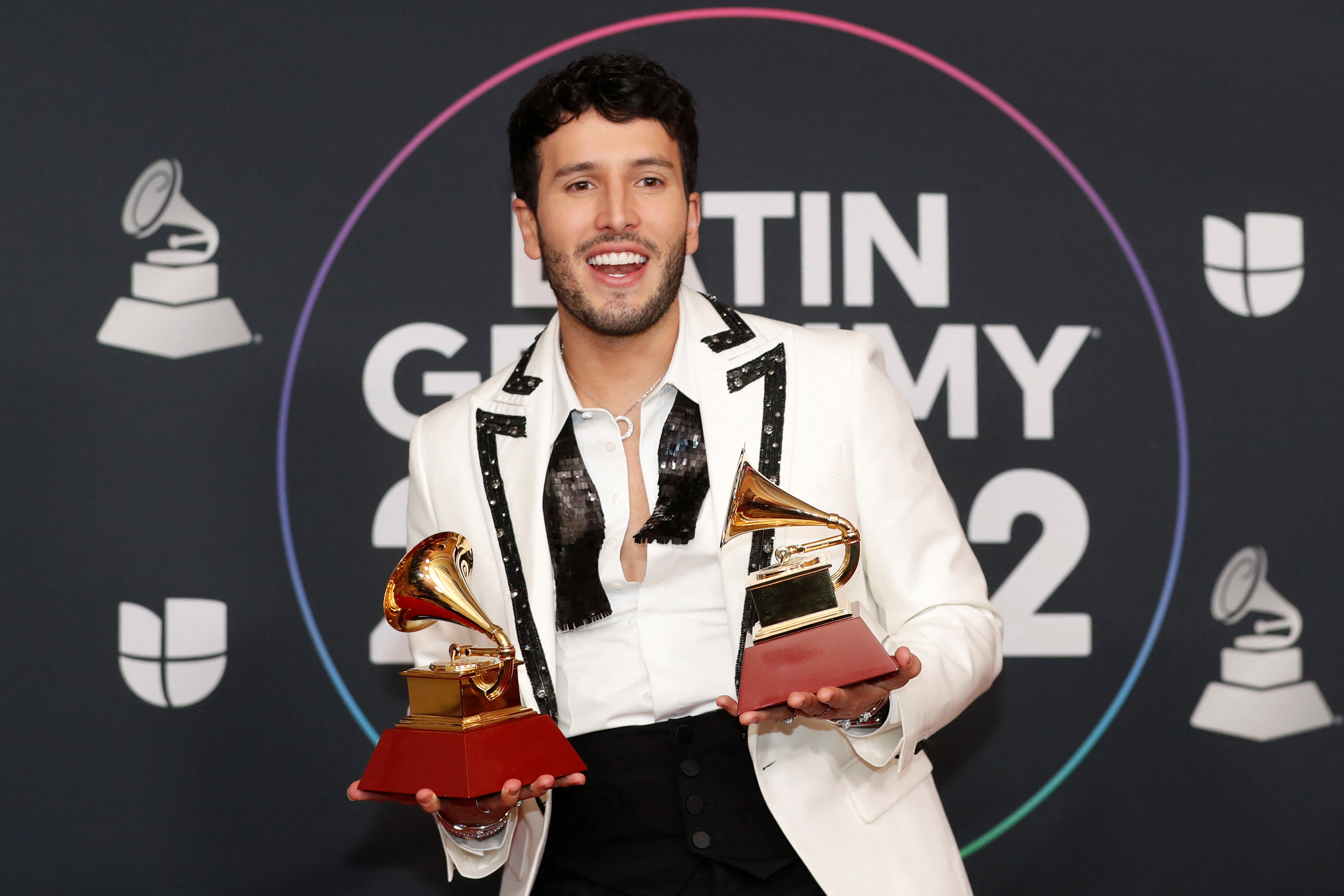 Sebastian Yatra poses with his awards in the photo room during the 23rd Annual Latin Grammy Awards show in Las Vegas, Nevada, U.S., November 17, 2022. REUTERS/Steve Marcus