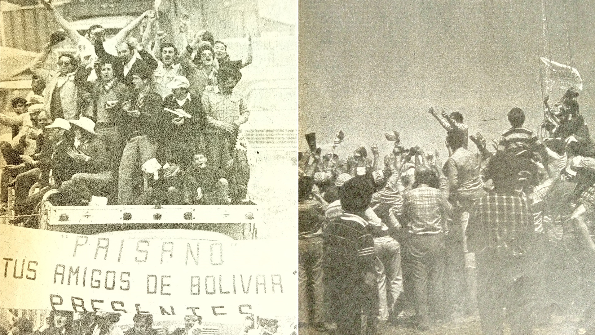 A la izquierda, la hinchada de Bolívar saluda al Gaucho Martínez Boero. A la derecha, el ídolo entre la multitud luego de su consagración en Tandil (Crédito: Archivo CORSA)