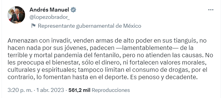 AMLO acusó a EEUU de fomentar el consumo de drogas (Twitter @lopezobrador_)