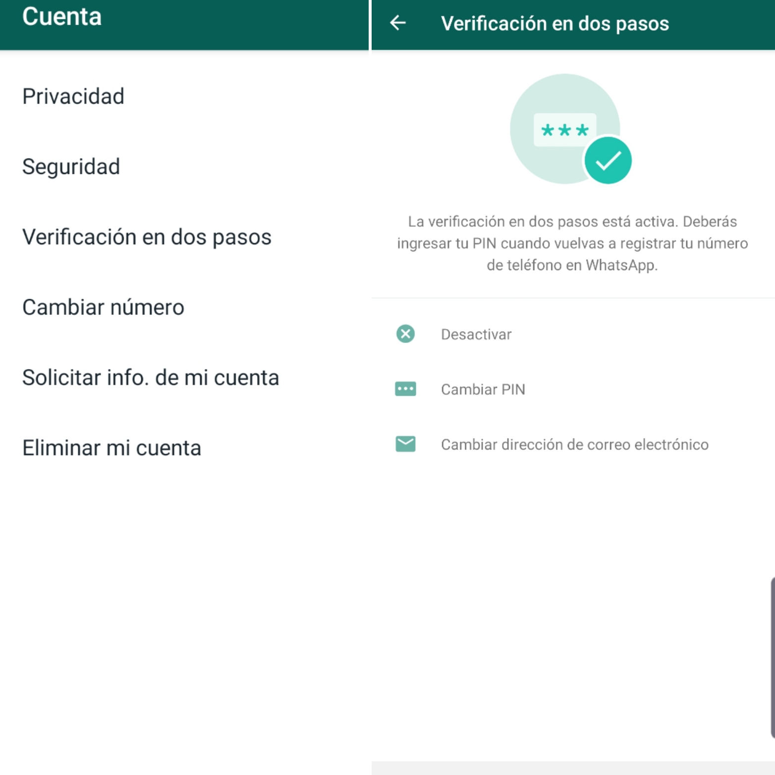 La verificación en dos pasos te permite crear un PIN de seis dígitos para añadir una capa de seguridad a tu WhatsApp