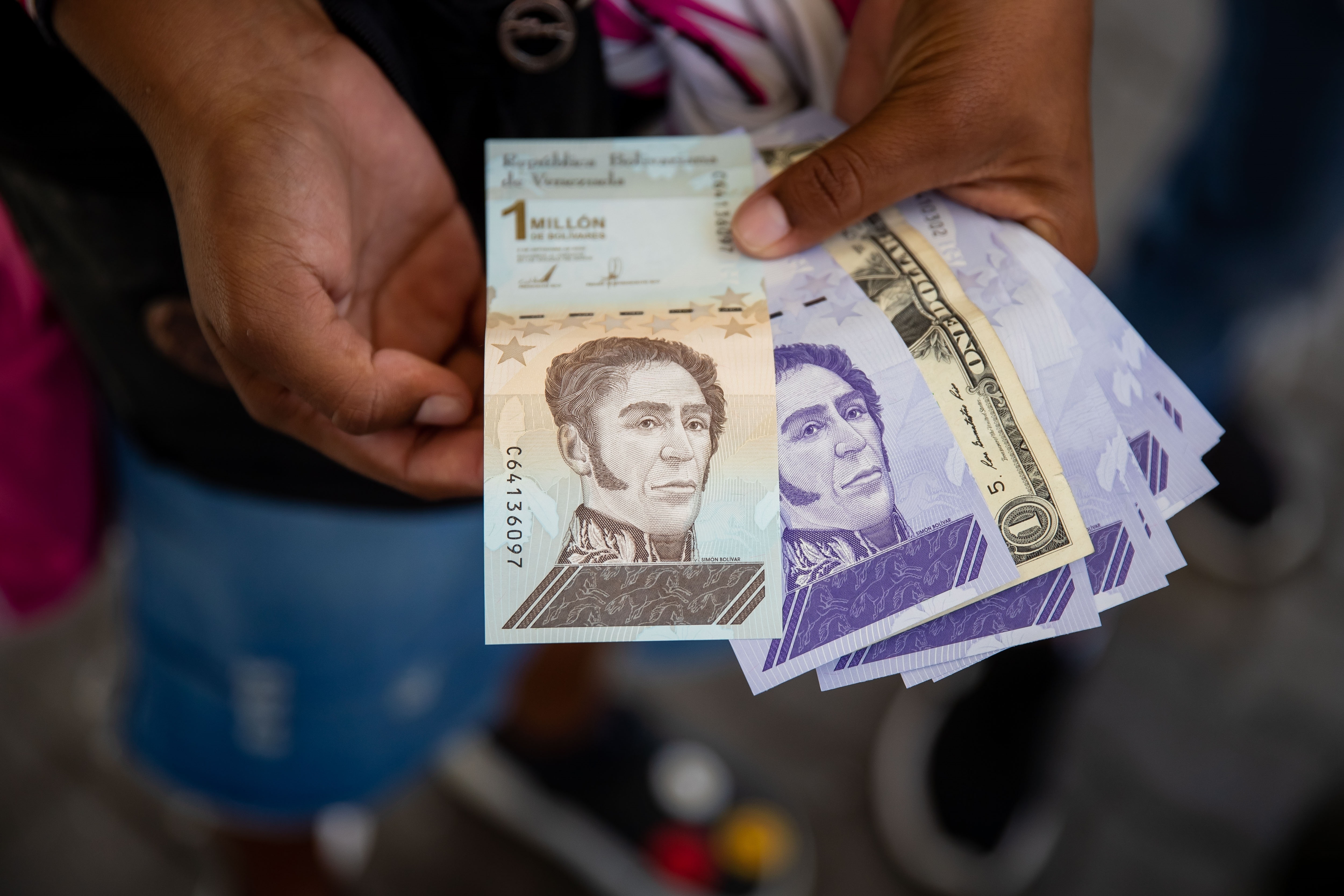 Una persona sostiene varios billetes de bolívares y dólares, en Caracas (EFE/Miguel Gutiérrez)
