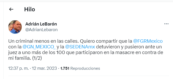 A través de redes sociales, Adrián LeBarón  aprovechó para agradece a las autoridades  
(Foto: captura de pantalla/Twitter/@AdrianLebaron)