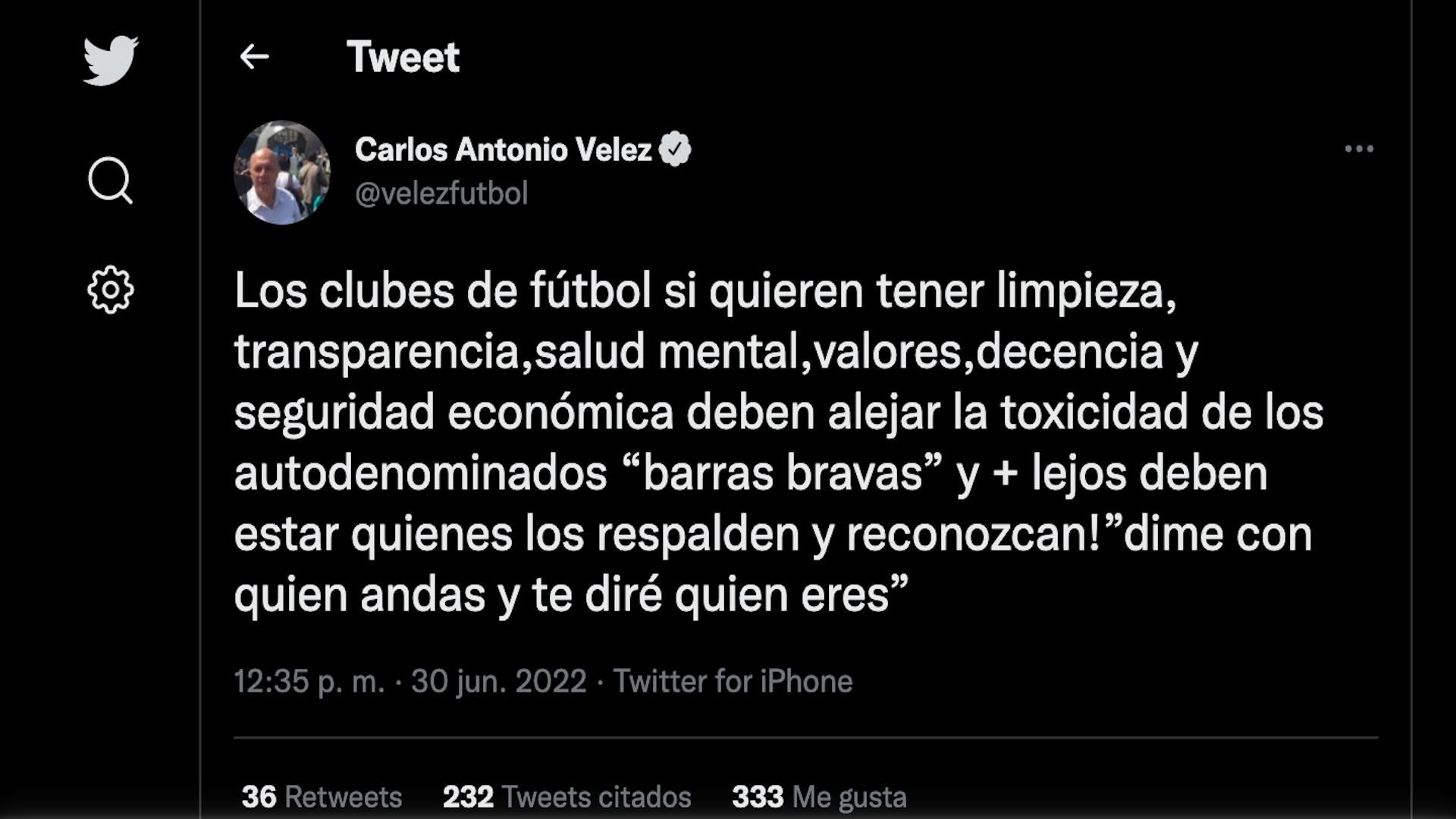 La limpieza que propone Carlos Antonio Vélez para la hinchada de los clubes del fútbol profesional colombiano / (Twitter: @velezfutbol)