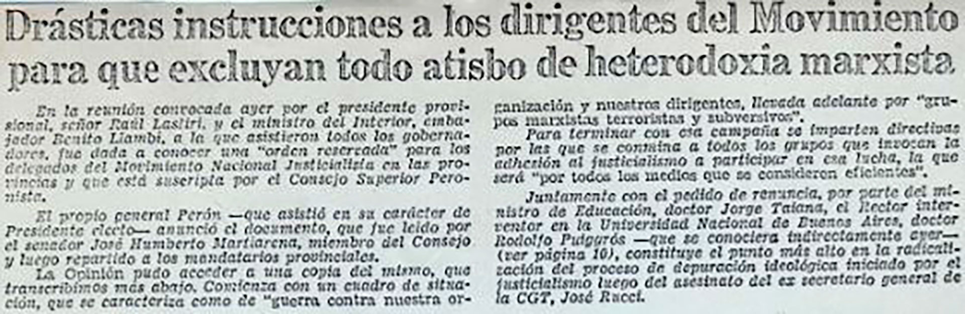 Directivas del peronismo contra la infiltración marxista. La Opinión del 2 de octubre de 1973