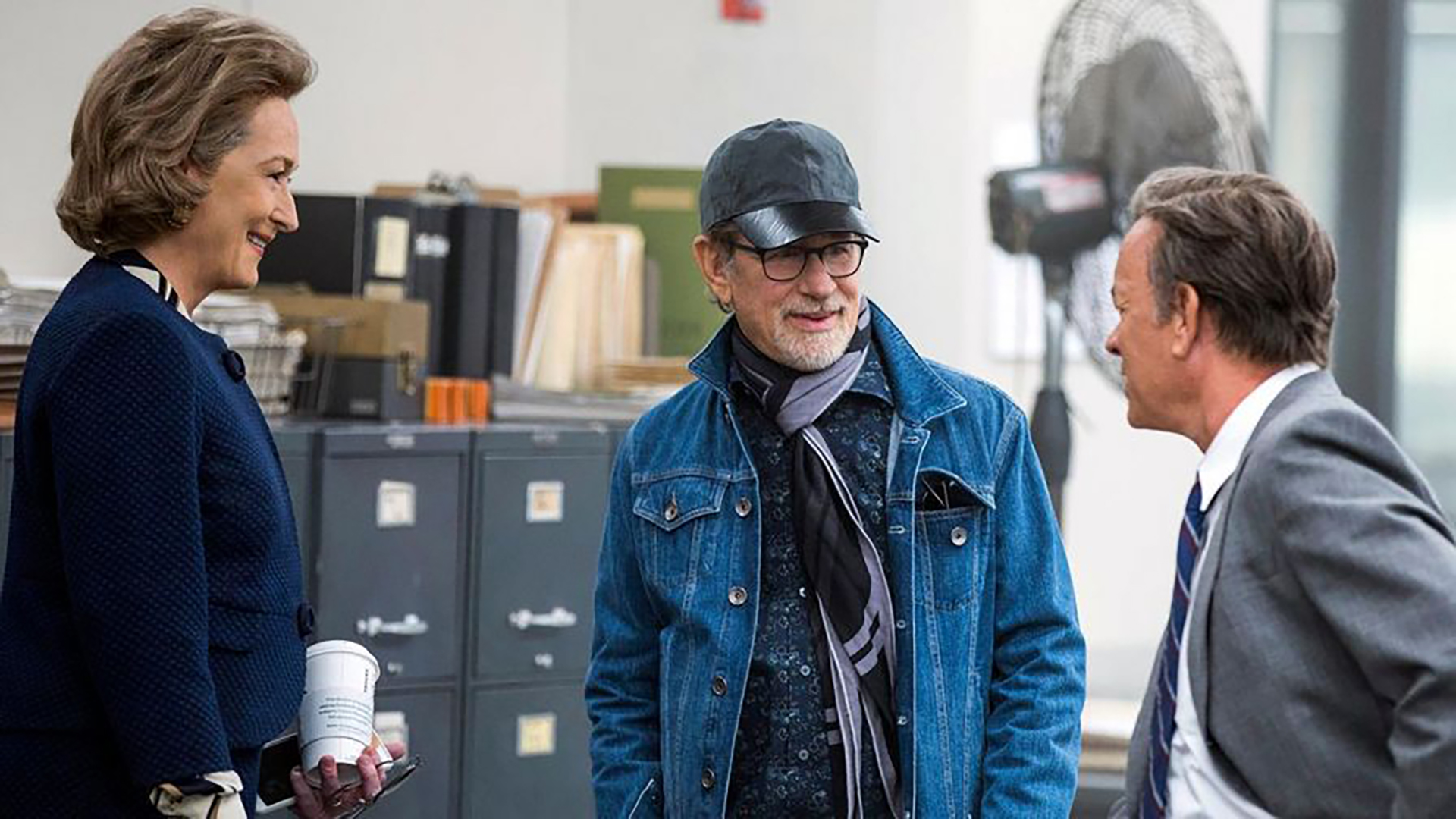 Meryl Streep, Steven Spielberg y Tom Hanks, durante la filmación de "The Post" (2017)