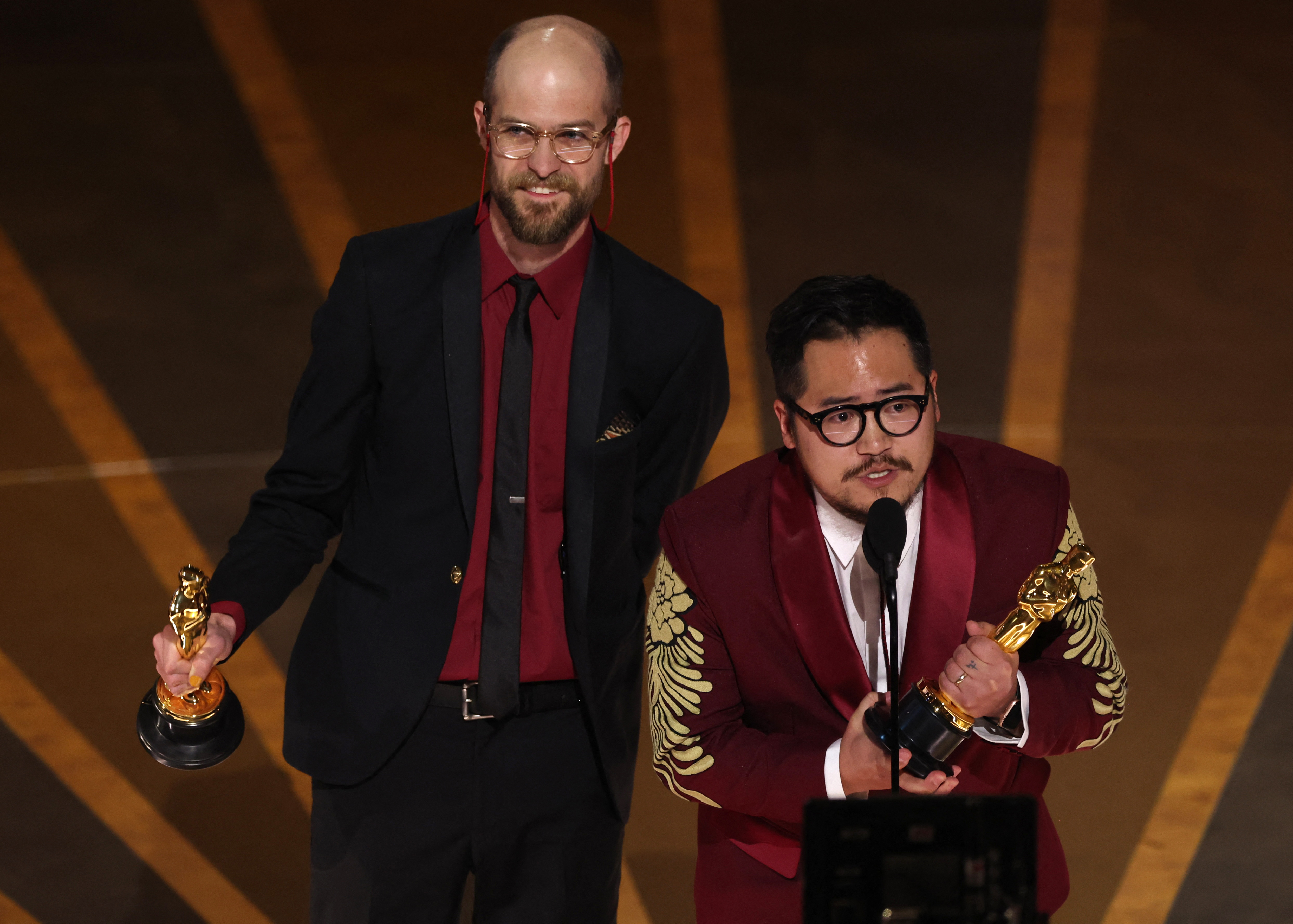 Daniel Kwan and Daniel Scheinert from Everything, Everywhere, All At Once with their Oscars. (REUTERS)