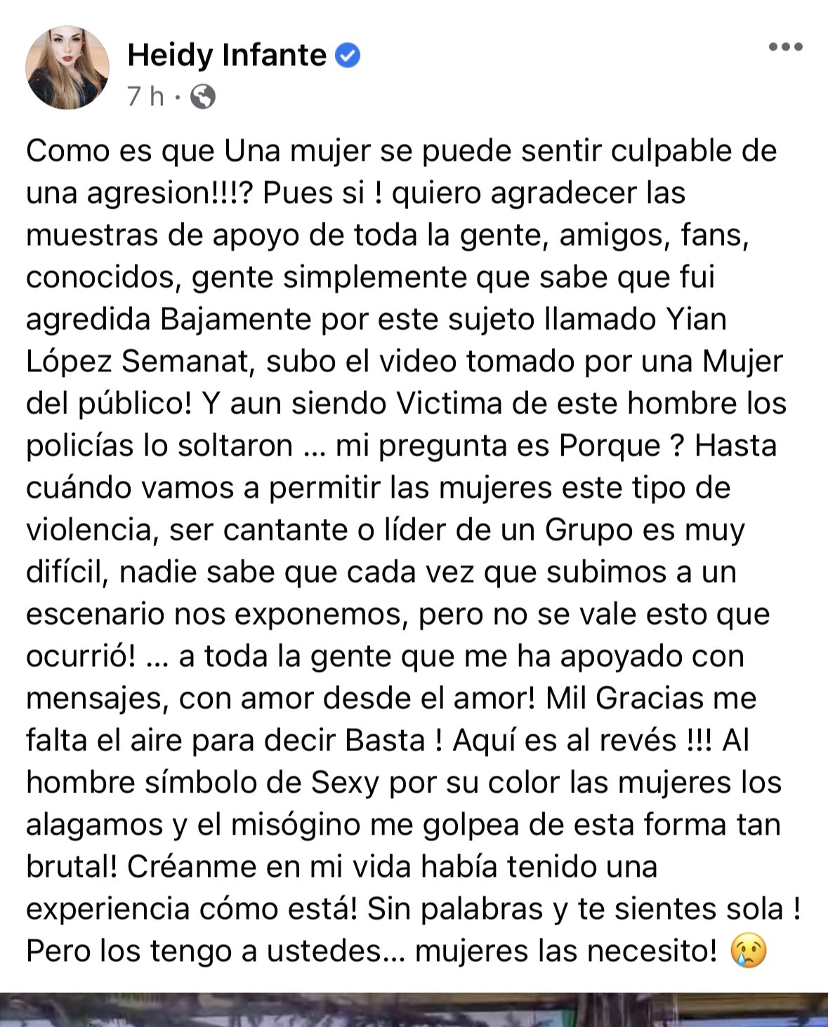 Este fue el mensaje de la cantante horas después de lo sucedido en el mercado de Escuadrón 201, en la alcaldía Iztapalapa (Facebook/HeidyInfantee)