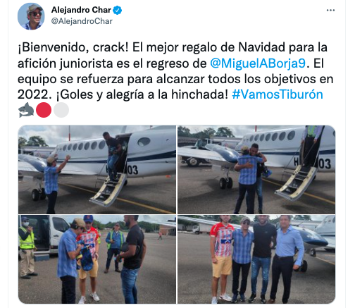 Alejandro Char anuncia el fichaje de Miguel Ángel Borja para el 2022. Captura de pantalla