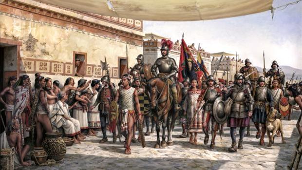 Cortés logró hacer alianzas con varios pueblos indígenas. Foto: Cuadro «La Llegada», de Augusto Ferrer-Dalmau