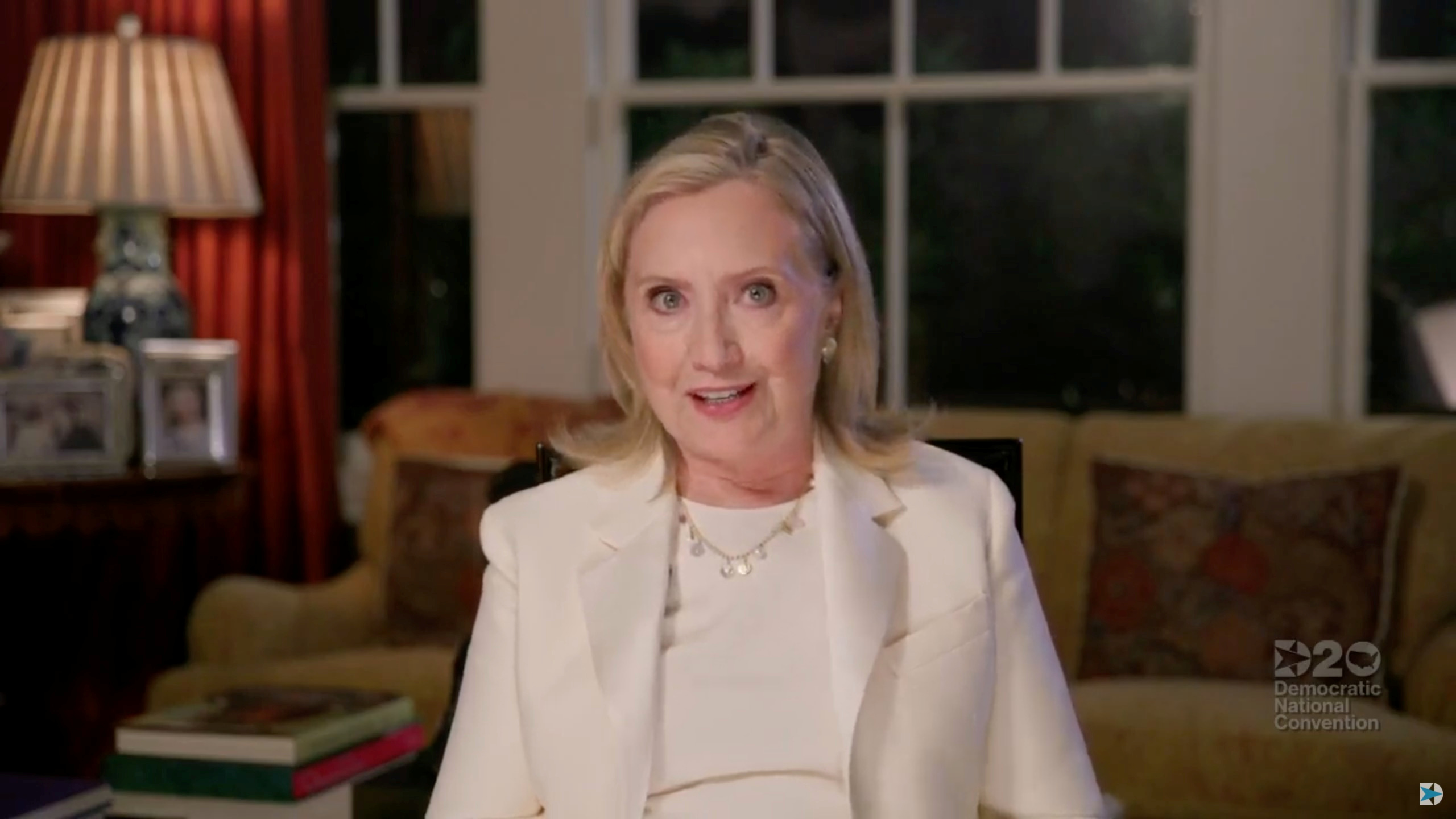 Former U.S. Secretary of State Hillary Clinton speaks by video feed during the virtual 2020 Democratic National Convention as participants from across the country are hosted over video links from the originally planned site of the convention in Milwaukee, Wisconsin, U.S. August 19, 2020. 2020 Democratic National Convention/Pool via REUTERS