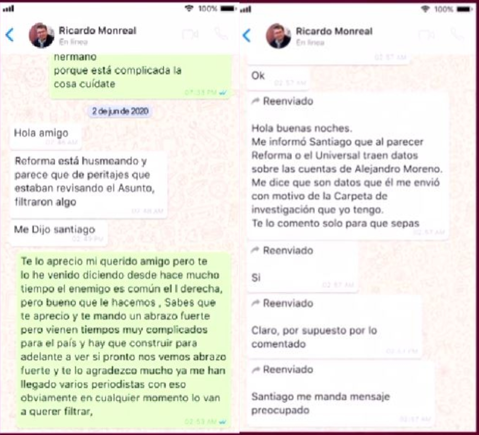 Algunos de los mensajes entre Monreal y Alito presentados por Layda Sansores (foto: @LaydaSansores)