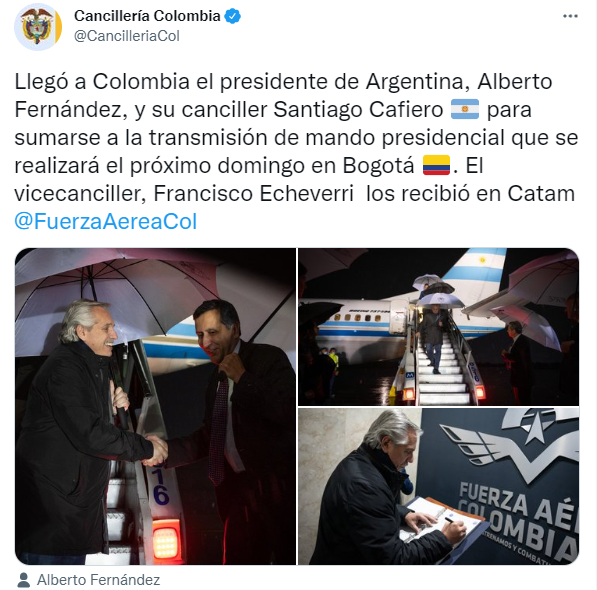 Alberto Fernández llegó a Colombia para la asunción presidencial de Gustavo Petro. Tweet: Cancillería Colombia
