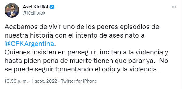 Axel Kicillof se expresó contra el intento de asesinato de Cristina Kirchner
