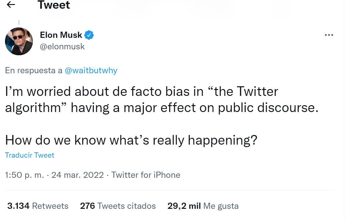 Musk expresó su preocupación sobre el posible sesgo que puede tener "el algoritmo de Twitter"