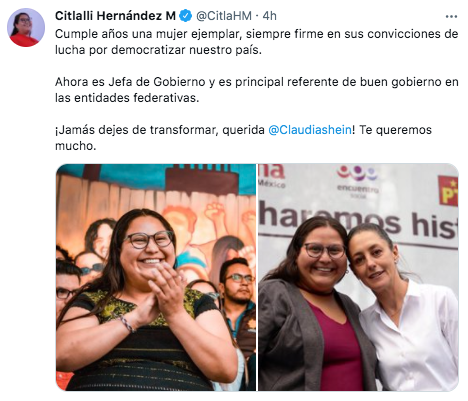 Citlalli Hernández aseguró que Sheinbaum es una mujer ejemplar y firme en sus “convicciones de lucha por democratizar nuestro país" (Foto: Twitter@CitlaHM)