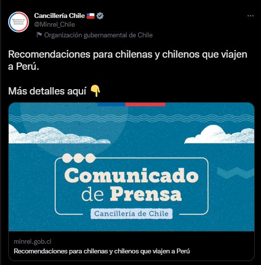 16 países alertaron a sus ciudadanos sobre la crisis en el Perú y recomendaron no planificar viajes o venir al país. (Twitter Ministerio de Relaciones Exteriores de Chile)