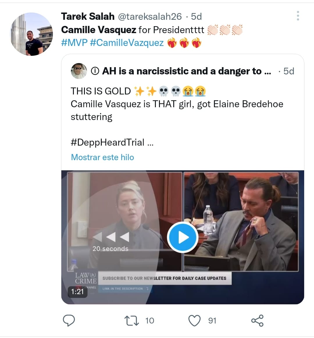 Seguidores de Camille Vasquez piden a gritos en redes sociales que se estrene como candidata a la presiencia por su caracter en el juicio de Jhonny Depp. Tomada de Twitter.