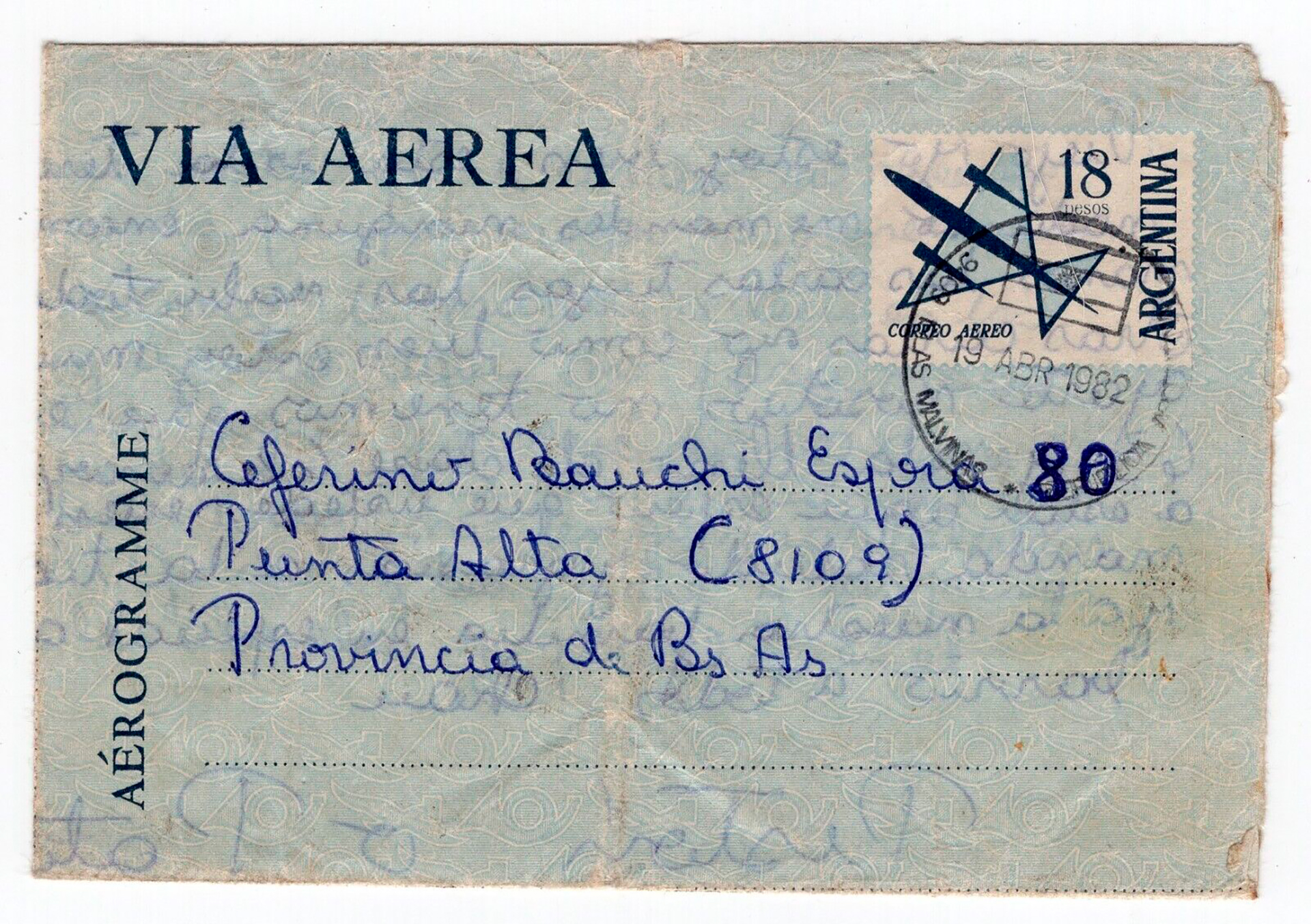 El destinatario del "aerograma" que mandó Oscar, con el nombre de su padre y la dirección donde vivía en Punta Alta, cerca de Bahía Blanca, al sur de la provincia de Buenos Aires