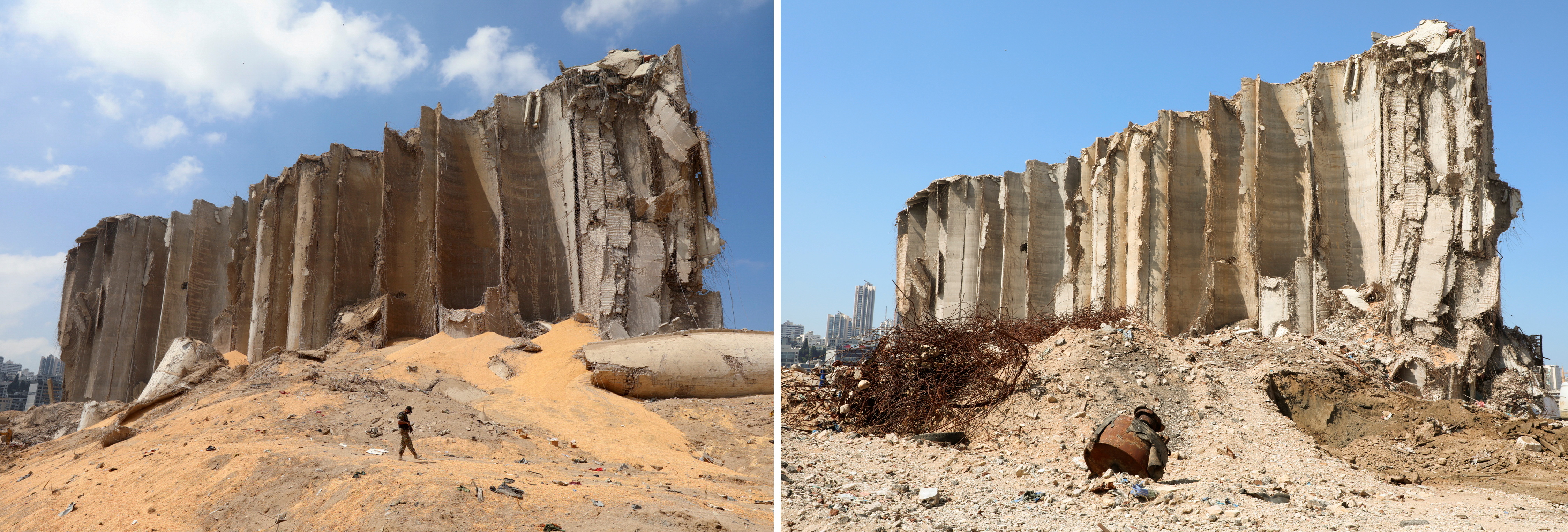 A combined image shows the grain silo that was damaged in the August 4 explosion in the port of Beirut, filmed on August 7, 2020, and the same area after almost a year since the explosion, in Lebanon on July 13 2021. REUTERS / Mohamed Azakir