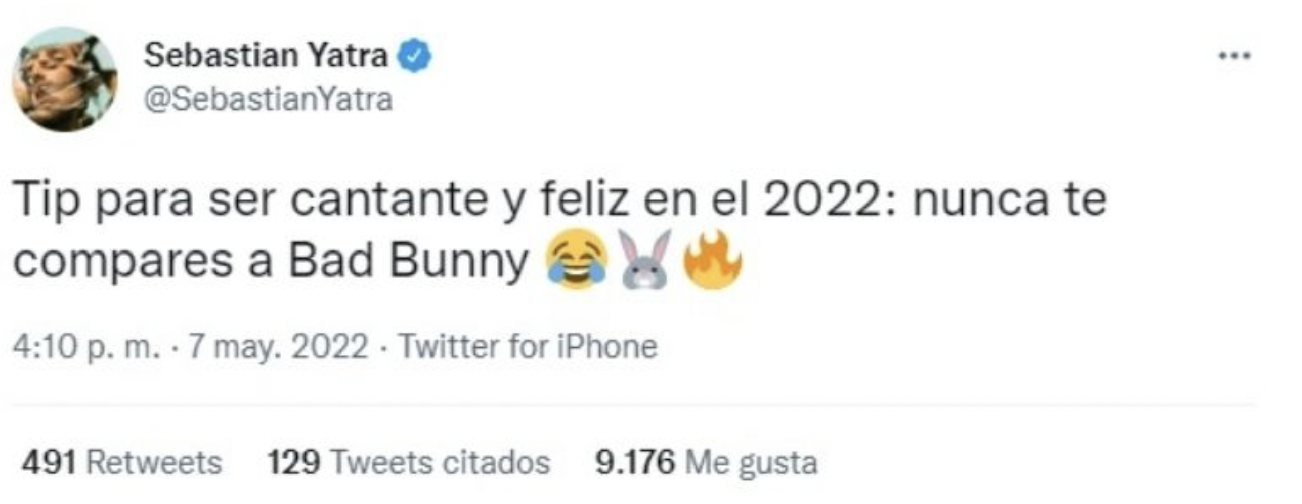 Reacción de Sebastián Yatra al nuevo álbum de Bad Bunny en Spotify. (foto: Twitter)