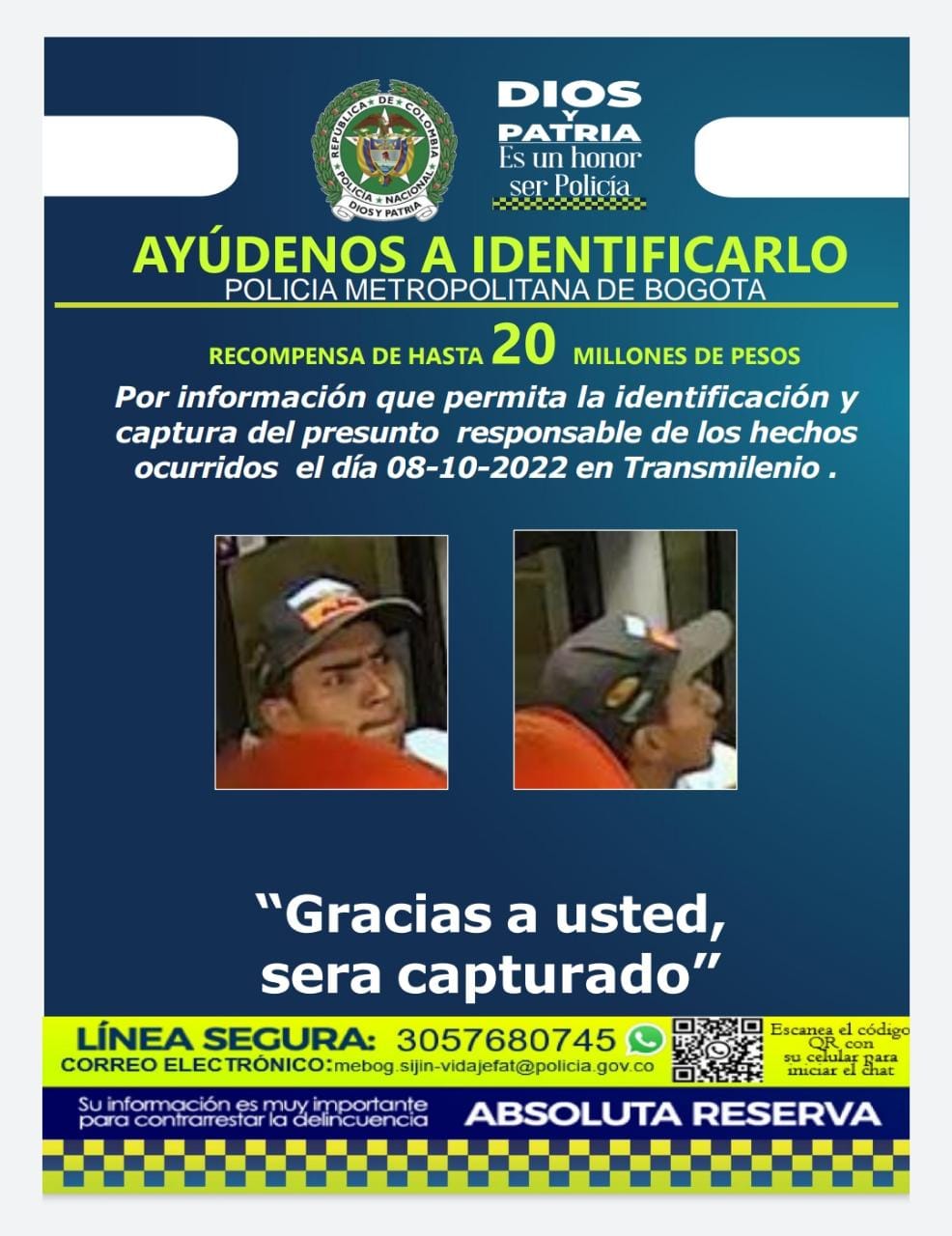 Con este cartel, la Policía Metropolitana de Bogotá busca capturar al responsable de la muerte de un menor de edad en una estación de Transmilenio. 
FOTO: Policía Metropolitana de Bogotá