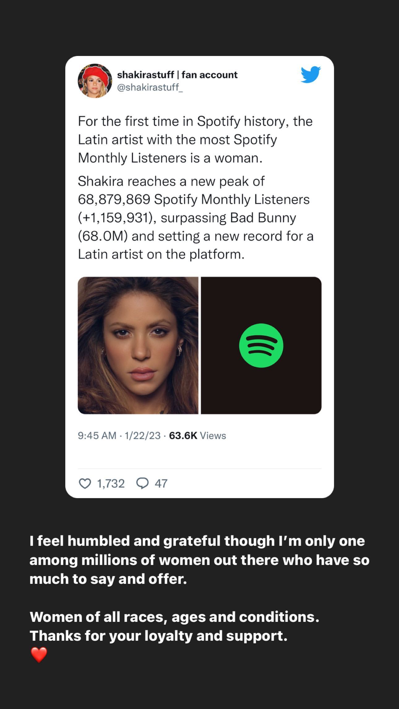 Mensaje de agradecimiento de Shakira a sus seguidores por el récord de oyentes en Spotify. Instagram/shakira