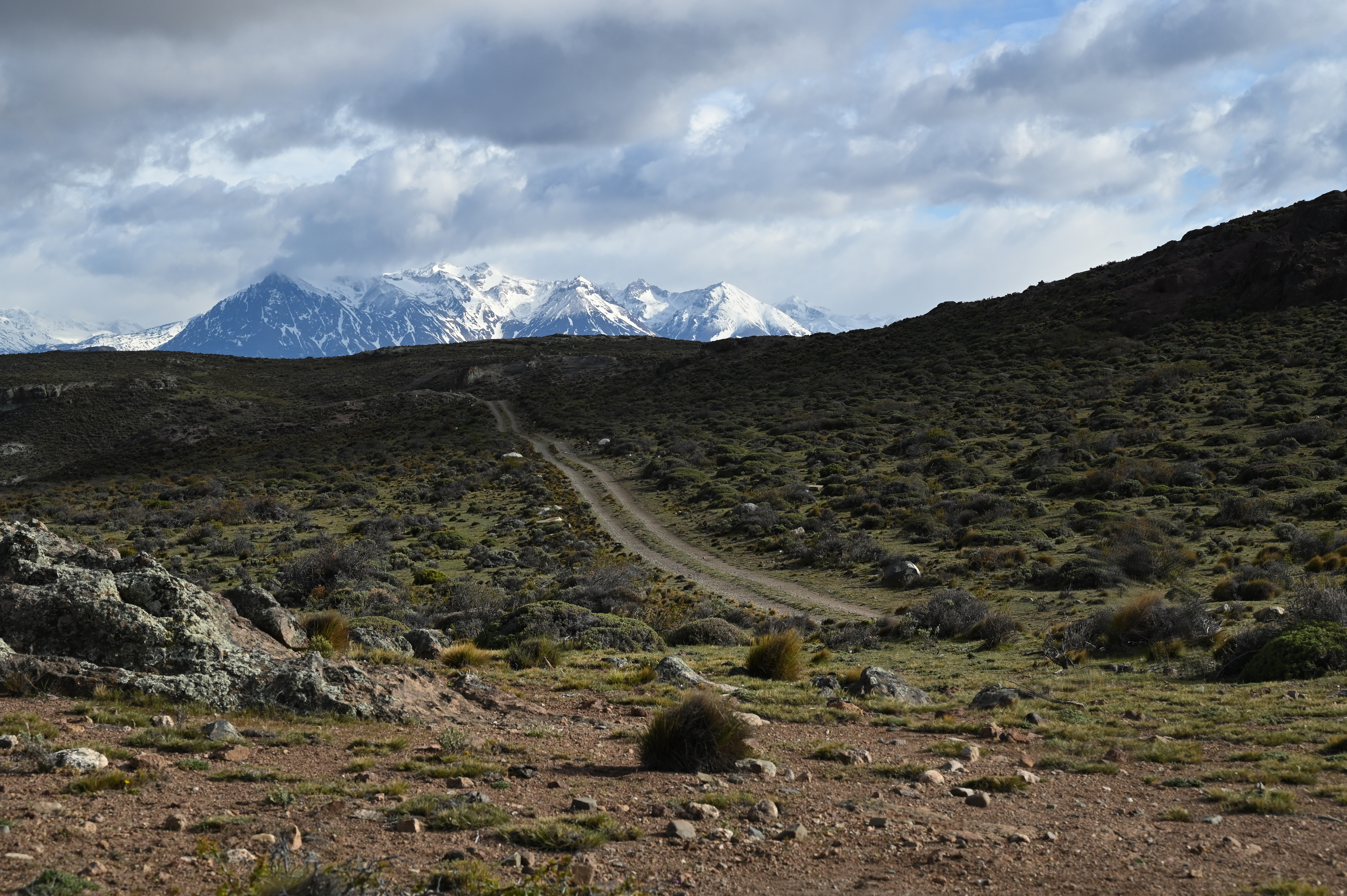El camino desciende hasta Paso Roballos. Si el clima es bueno y permite una buena visibilidad se podrá ir viendo el monte San Lorenzo, el coloso solitario de 3.706 metros 