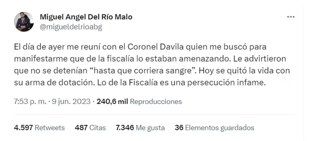 Trino de Miguel Ángel del Río sobre la muerte del coronel Óscar Dávila. @migueldelriobg/Twitter