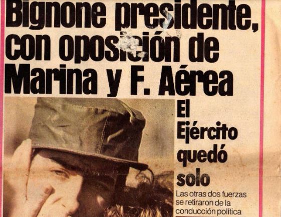 El titular de Diario Popular: Bignone presidente sin la participación política de la Armada y la Fuerza Aérea