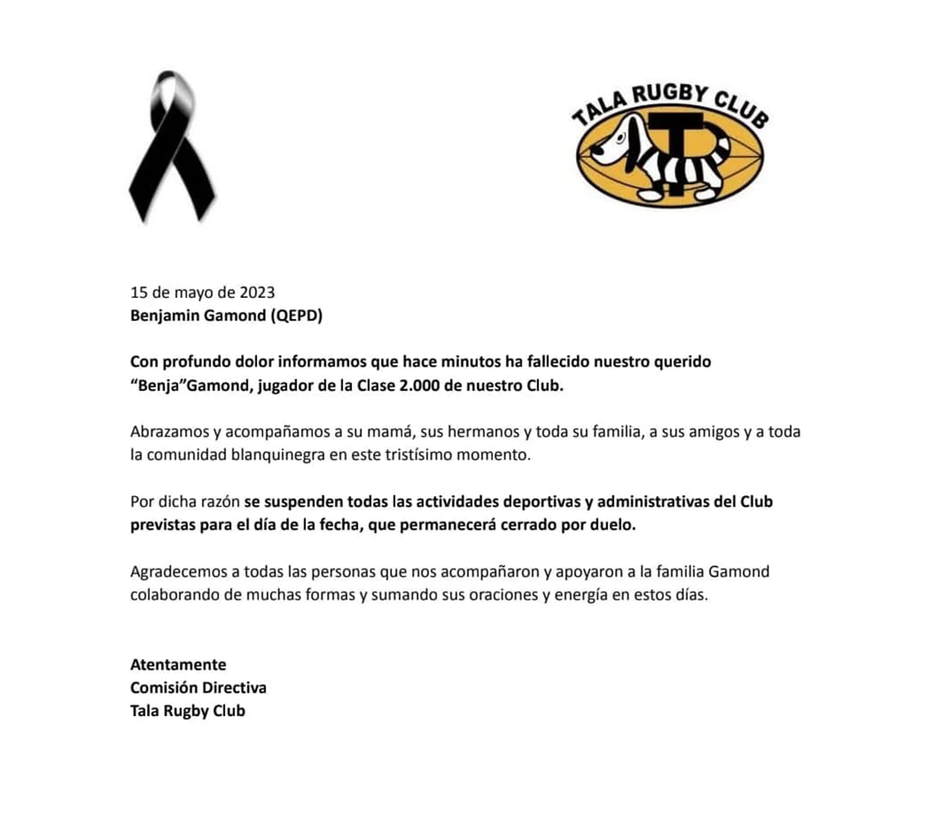 Comunicado de El Tala Rugby Club tras la muerte de Benjamín Gamond. 