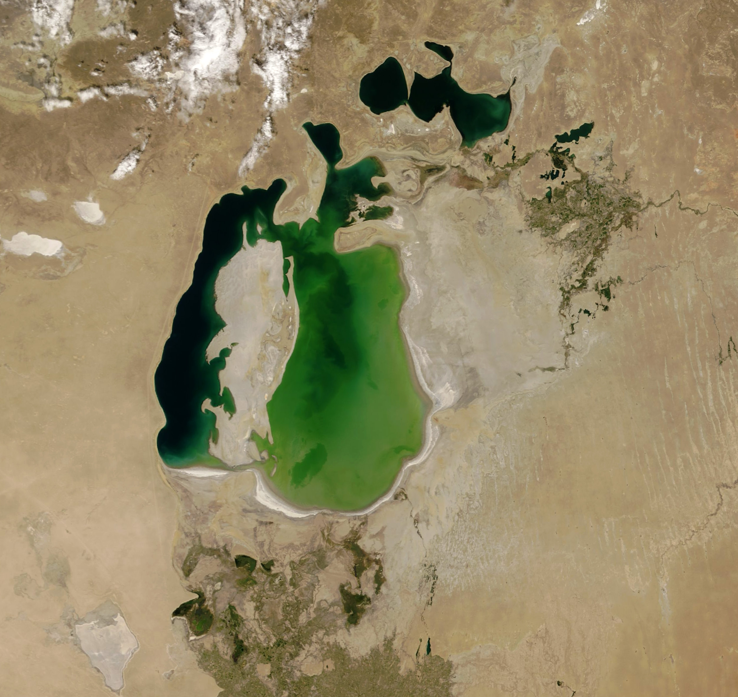 El mar de Aral es una laguna salada endorreica, o mar interior, situado en Asia Central, entre Kazajistán, al norte, y Uzbekistán, al sur. Se ha ido reduciendo desde la década de 1960 debido a la actividad agrícola.  Se ha reducido a menos del 10 % de su tamaño original/NASA