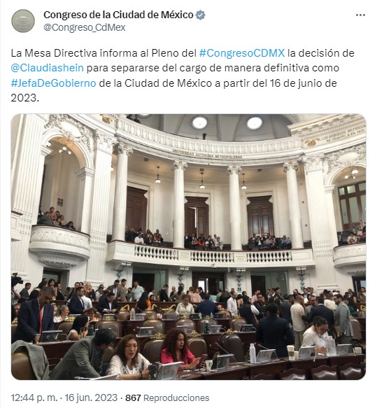 El Congreso de CDMX aprobó la renuncia de Sheinbaum. | Captura Twitter @Congreso_CdMex