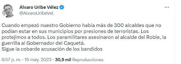 Expresidente Álvaro Uribe Vélez respondió a Salvatore Mancuso: afirmó que no le quitó seguridad al alcalde de El Roble, Eudaldo Díaz. Captura/Twitter.